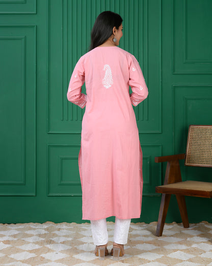 Chikankari Long A-Line Kurti for Women- Pink