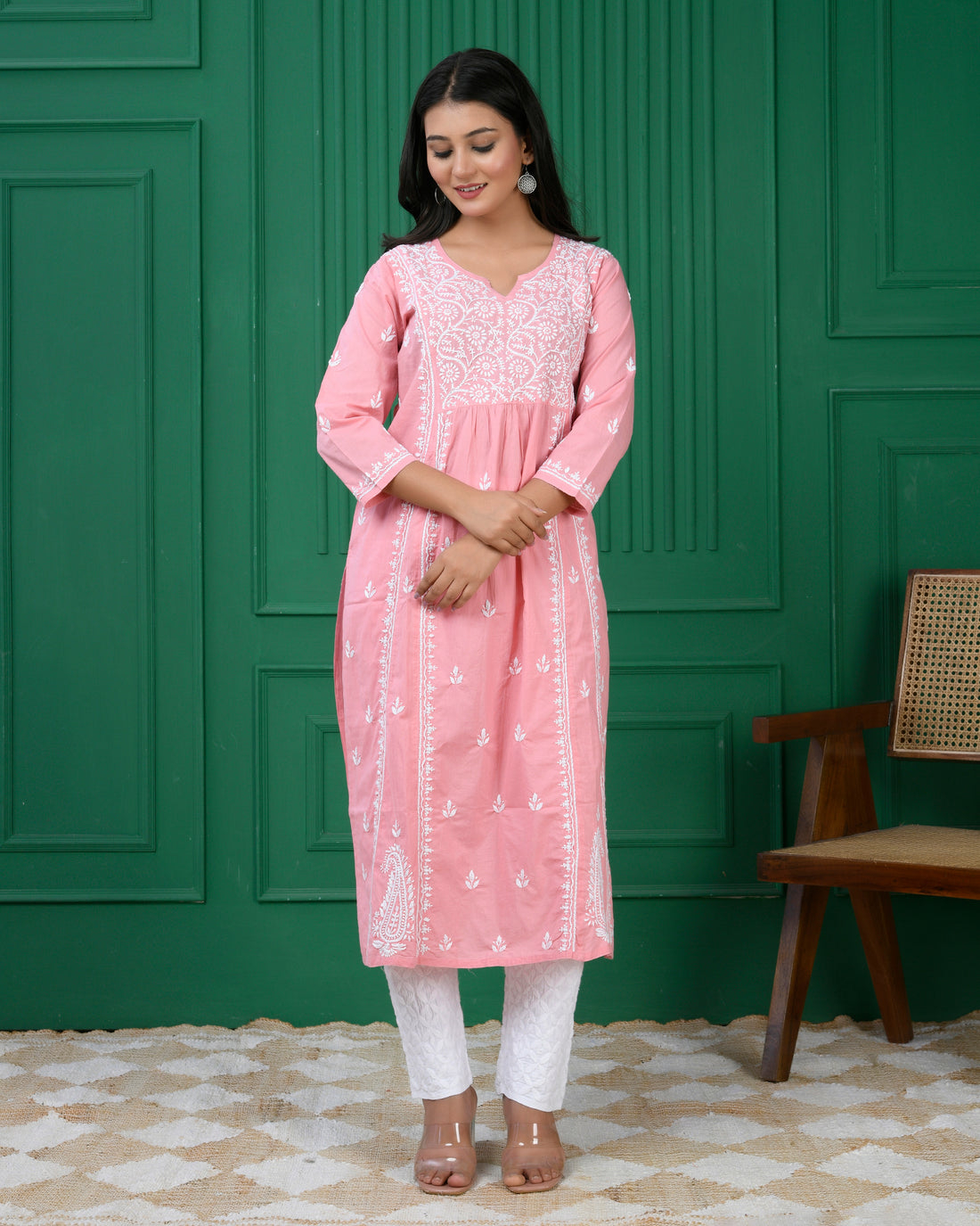 Chikankari Long A-Line Kurti for Women- Pink