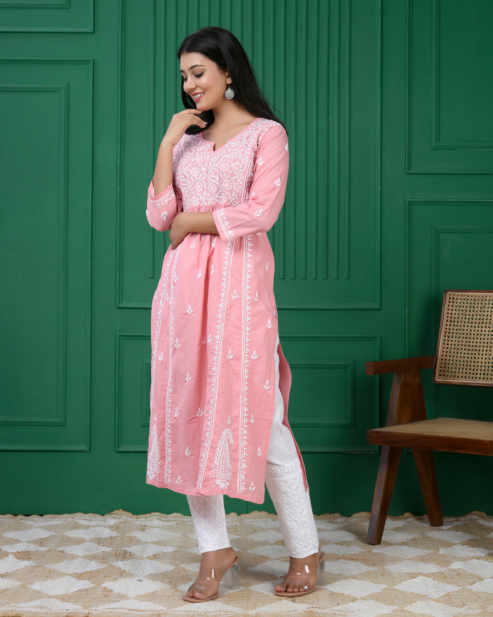 Chikankari Long A-Line Kurti for Women- Pink