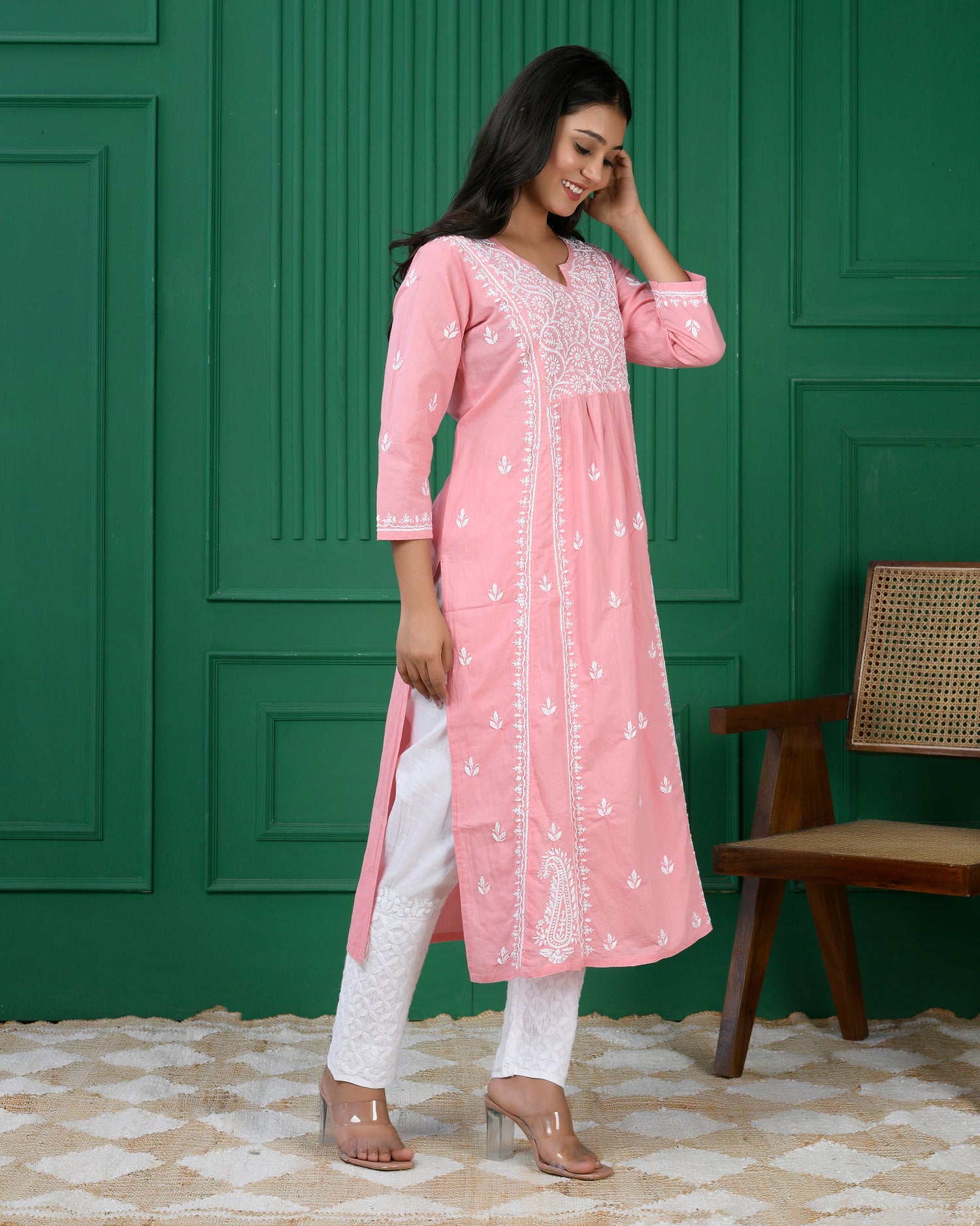 Chikankari Long A-Line Kurti for Women- Pink