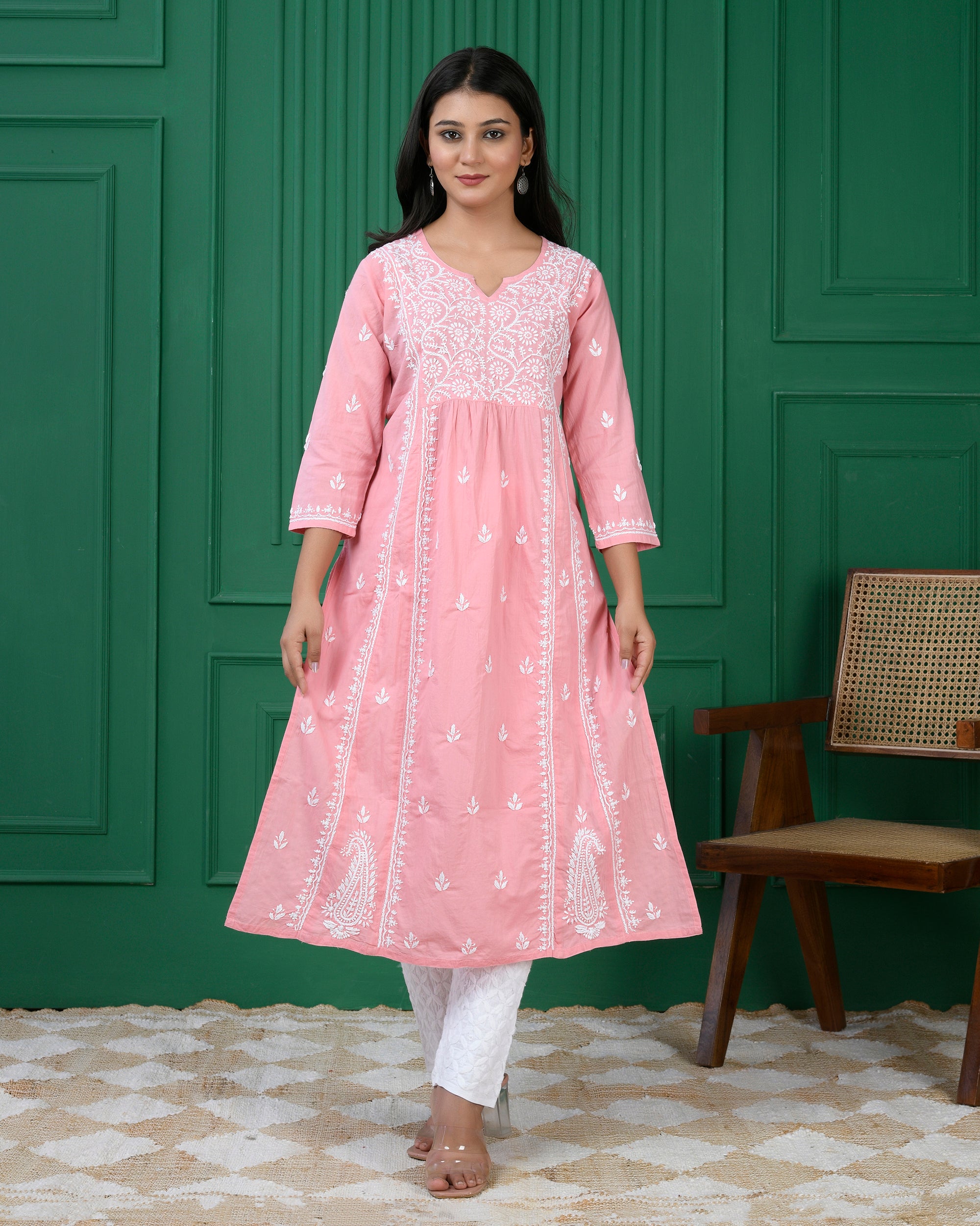 Chikankari Long A-Line Kurti for Women- Pink