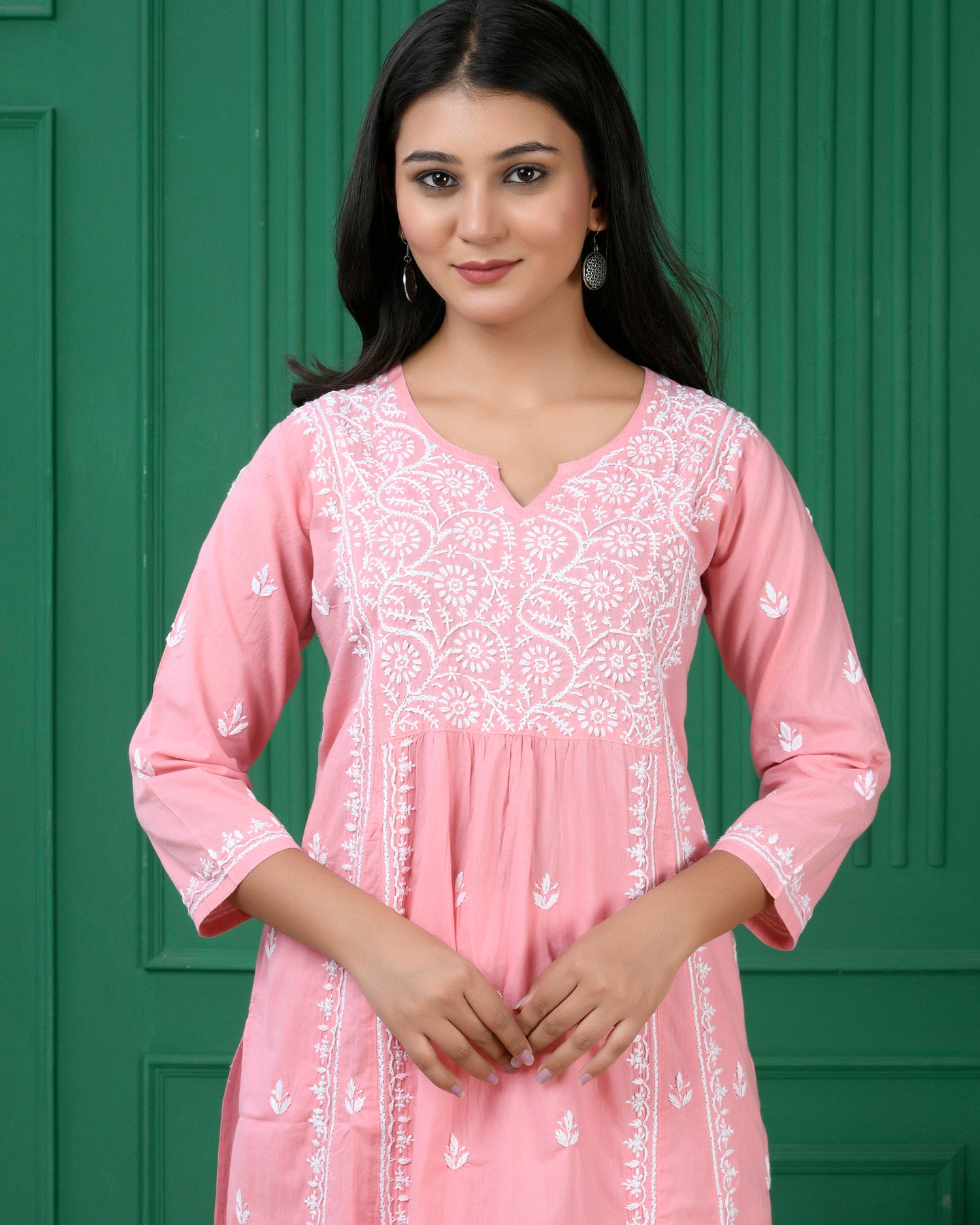 Chikankari Long A-Line Kurti for Women- Pink