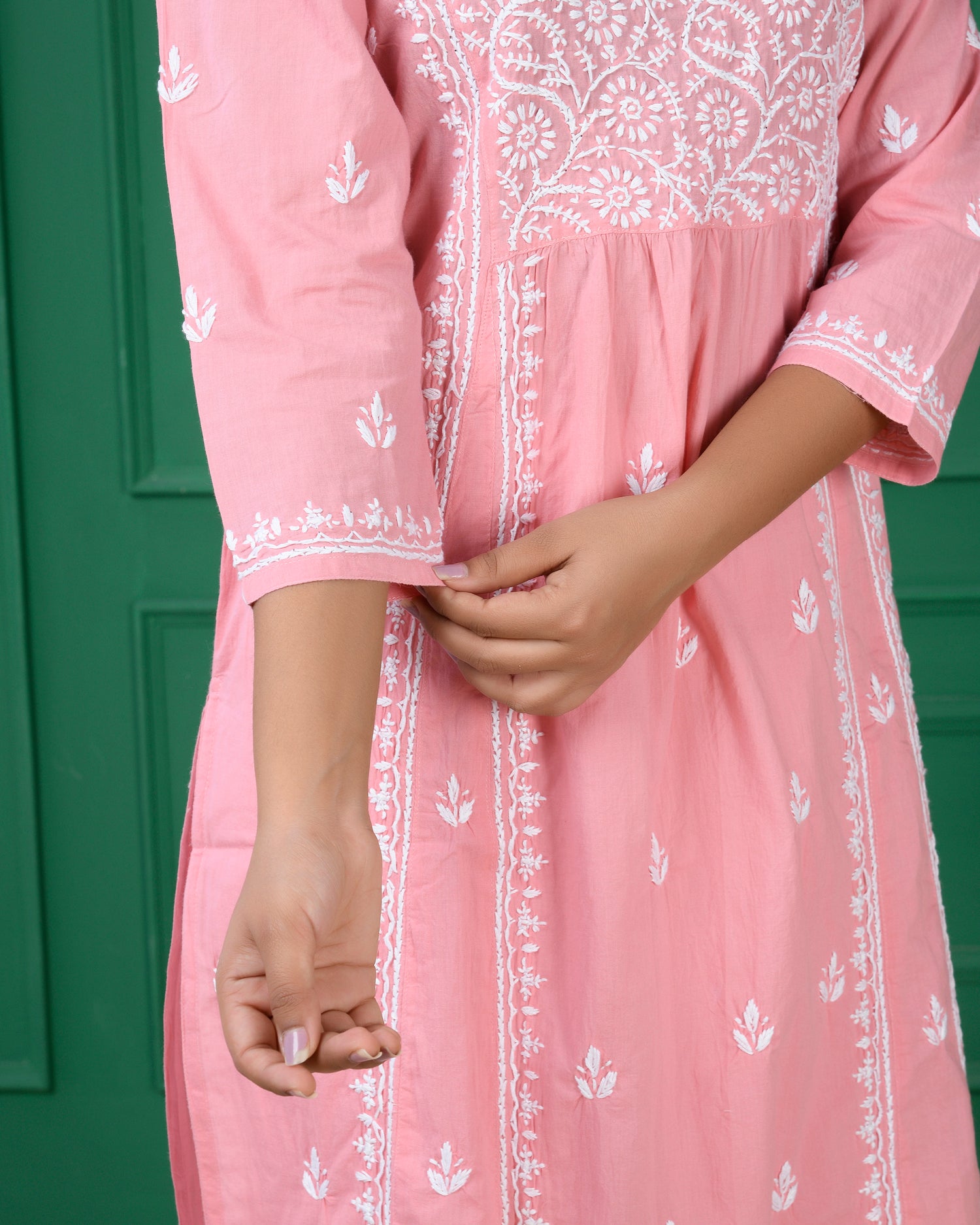 Chikankari Long A-Line Kurti for Women- Pink Maazchikanart Chikankari Long A-Line Kurti for Women- Pink Maazchikanart