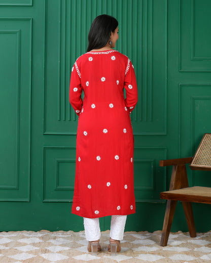 Red Chikankari Modal Cotton Kurta