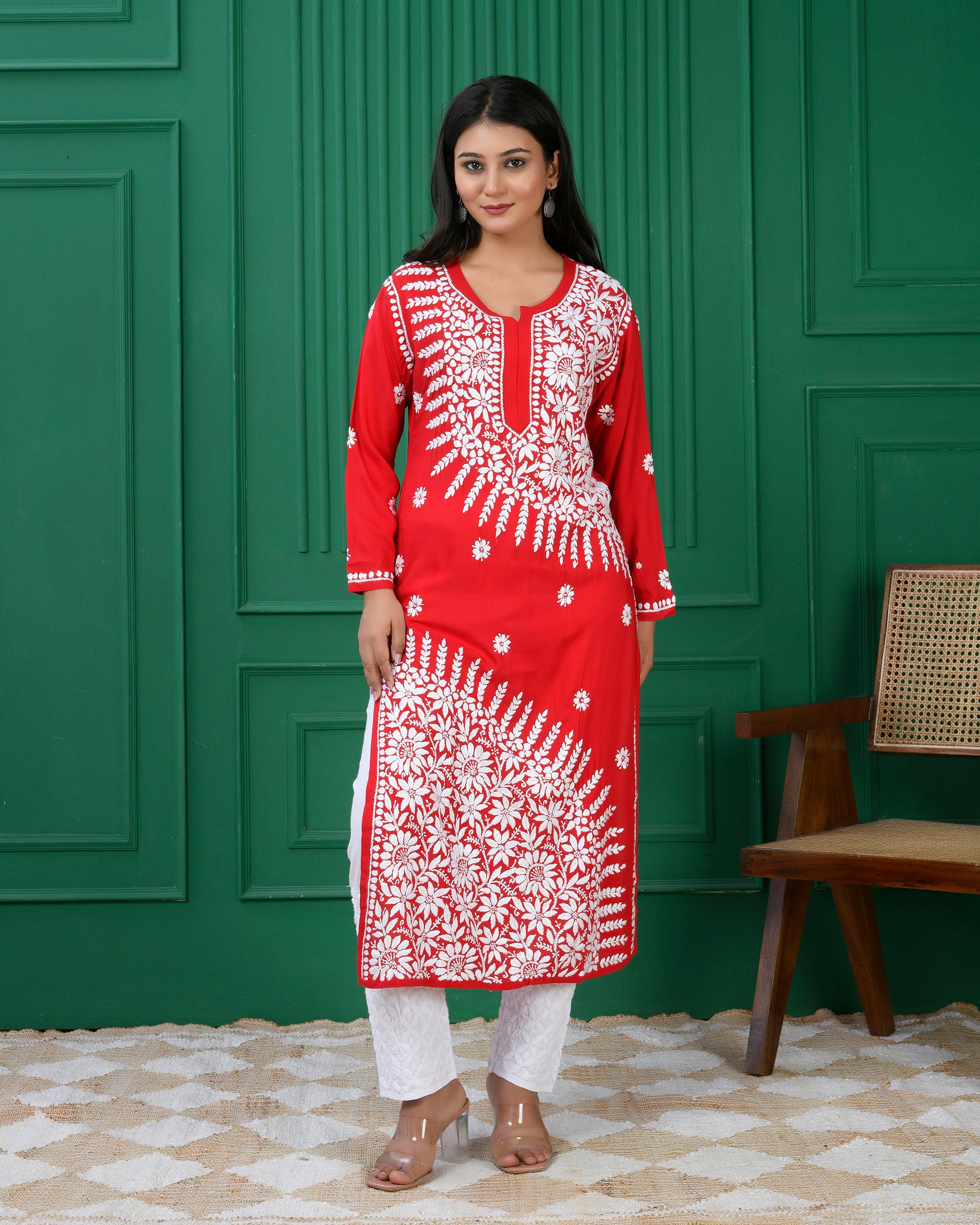 Red Chikankari Modal Cotton Kurta