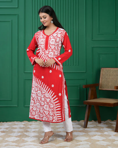 Red Chikankari Modal Cotton Kurta