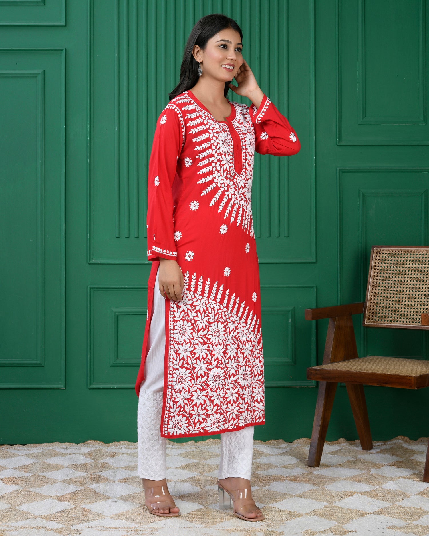 Red Chikankari Modal Cotton Kurta