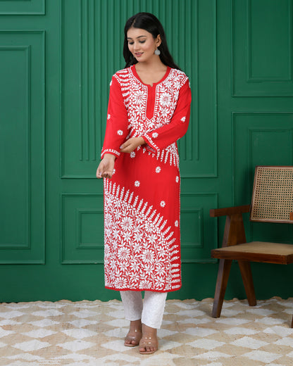 Red Chikankari Modal Cotton Kurta