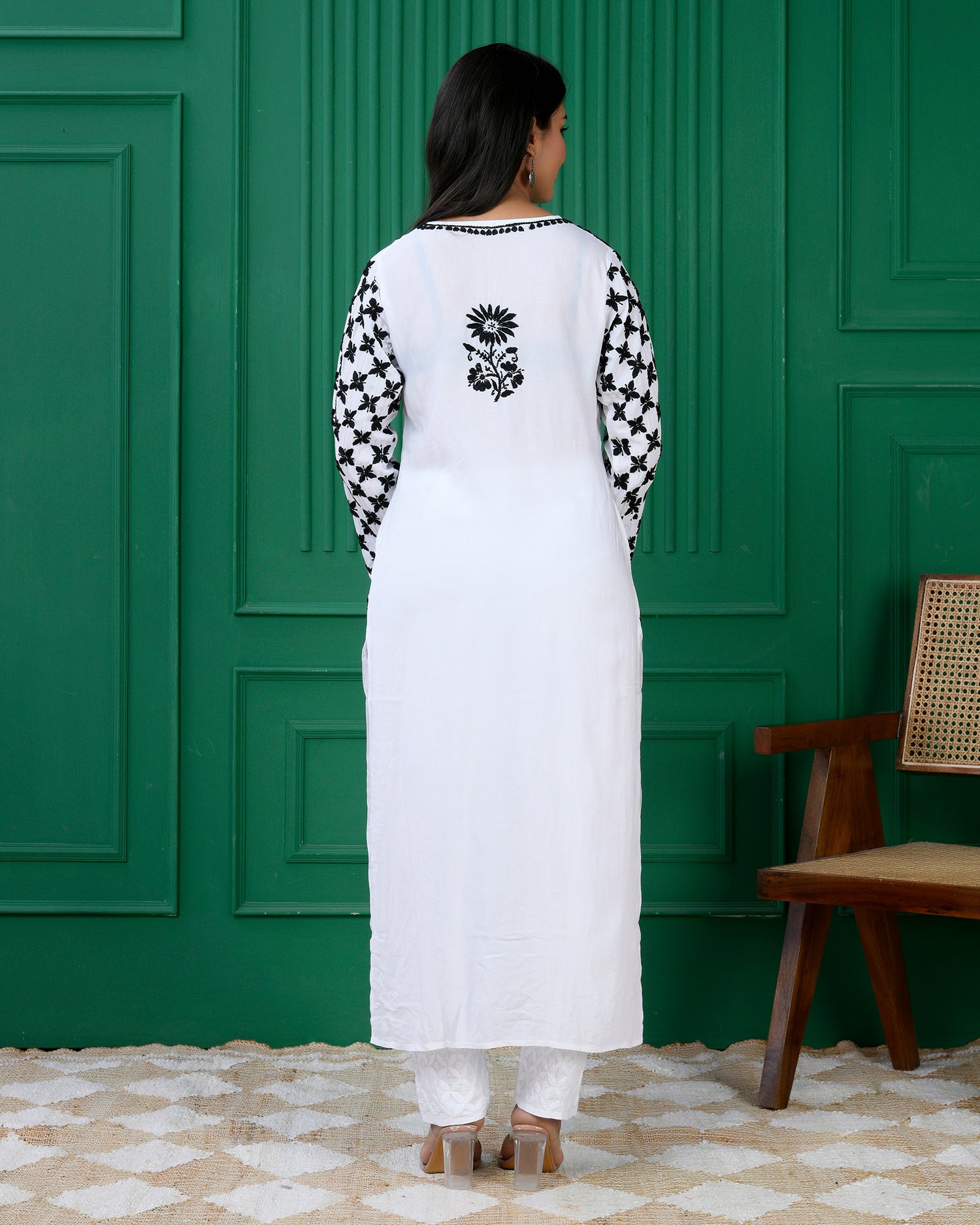 Modal Angrakha Style Kurta in Modal Cotton White With Black