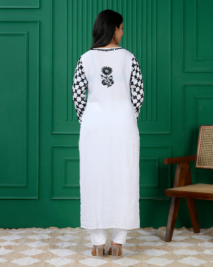 Modal Angrakha Style Kurta in Modal Cotton White With Black