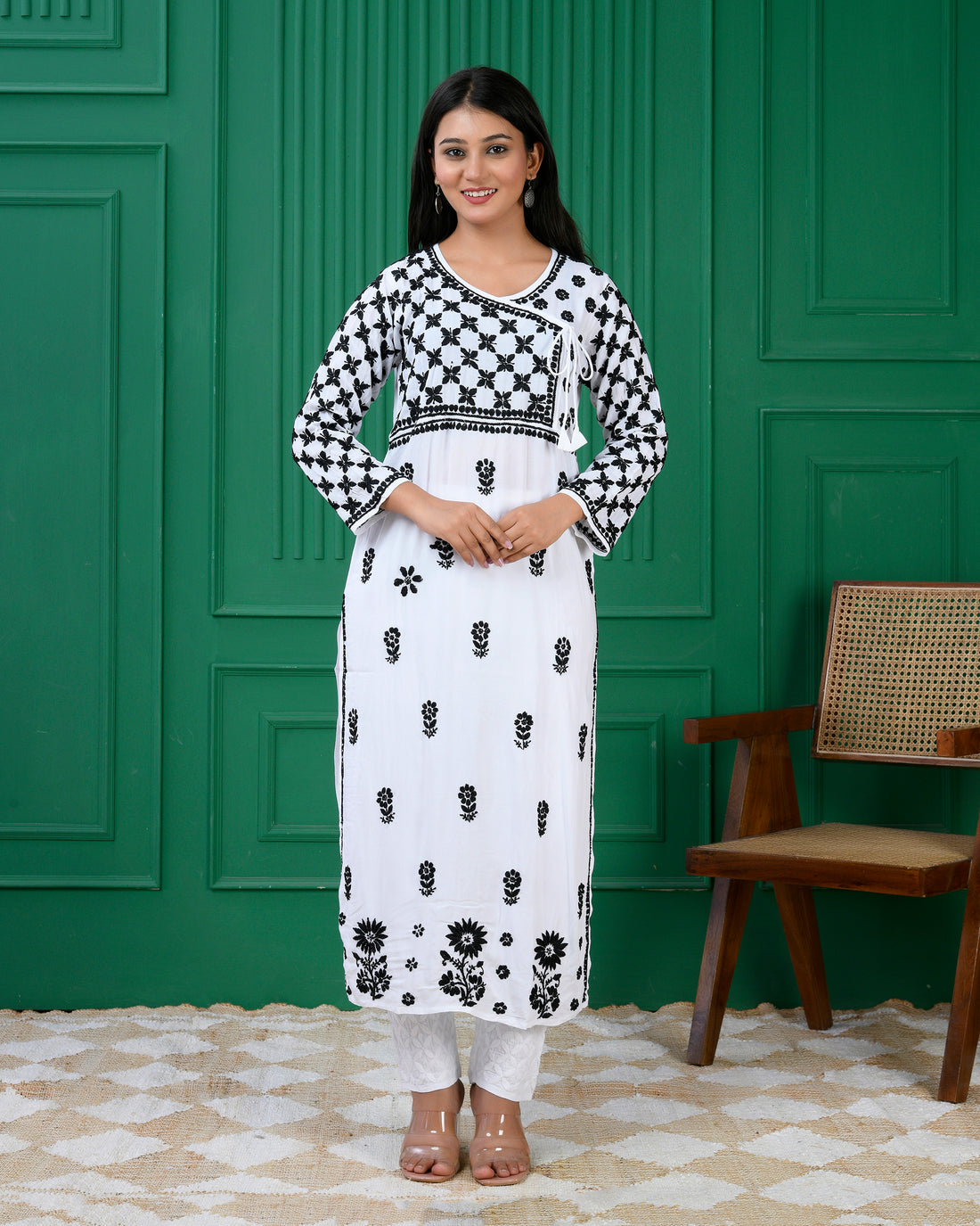 Modal Angrakha Style Kurta in Modal Cotton White With Black