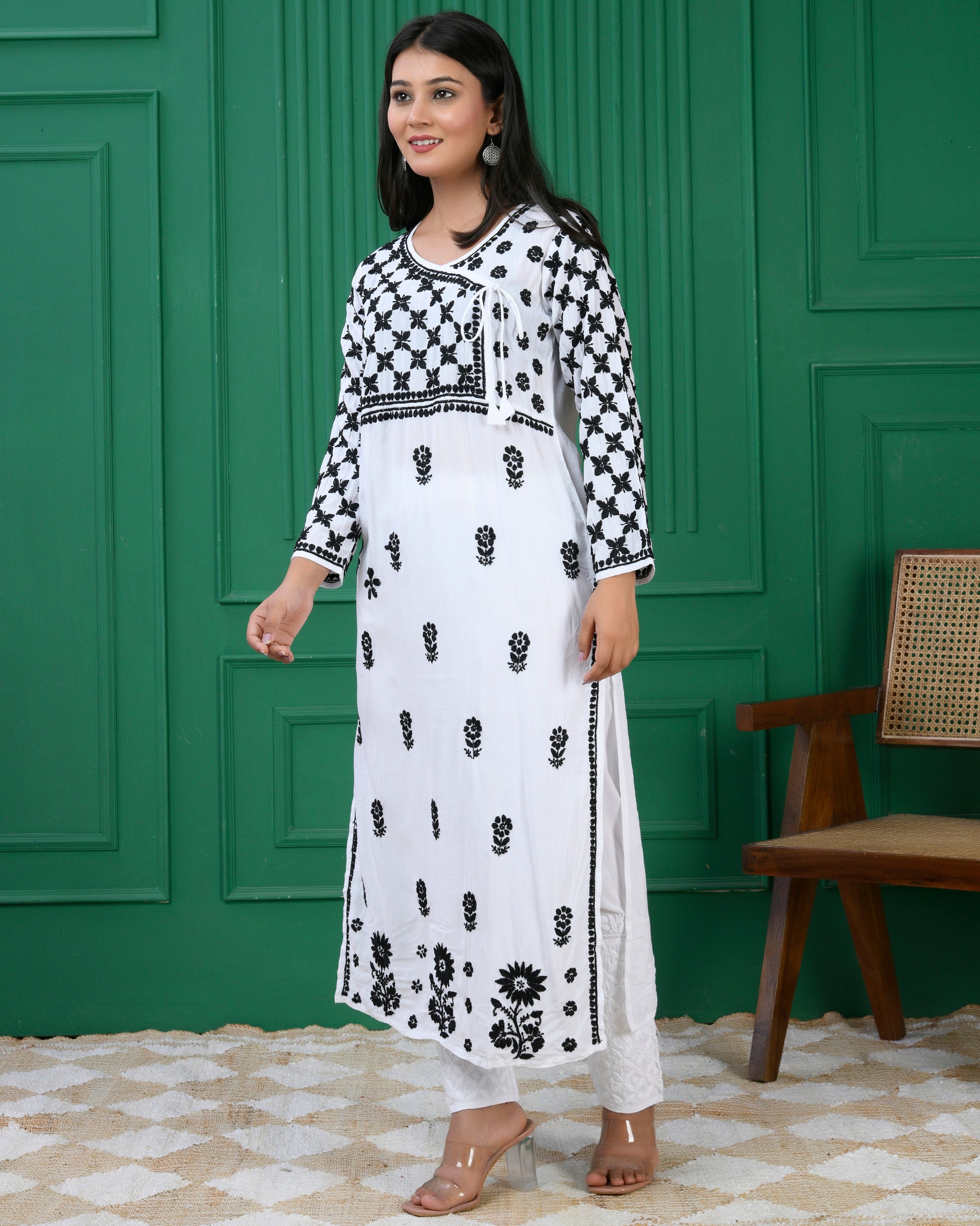 Modal Angrakha Style Kurta in Modal Cotton White With Black