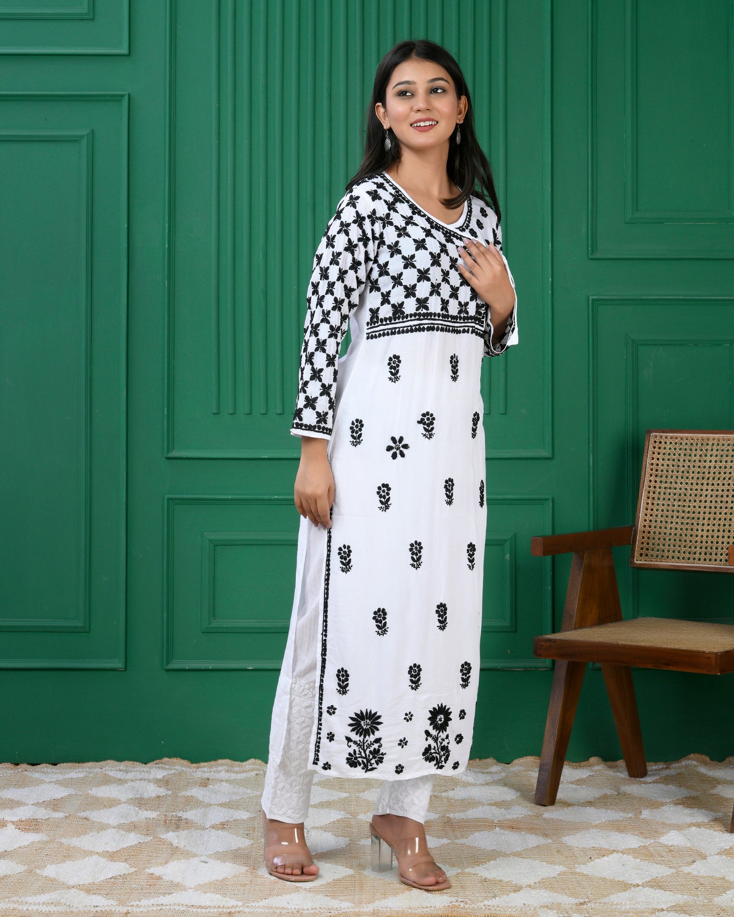 Modal Angrakha Style Kurta in Modal Cotton White With Black