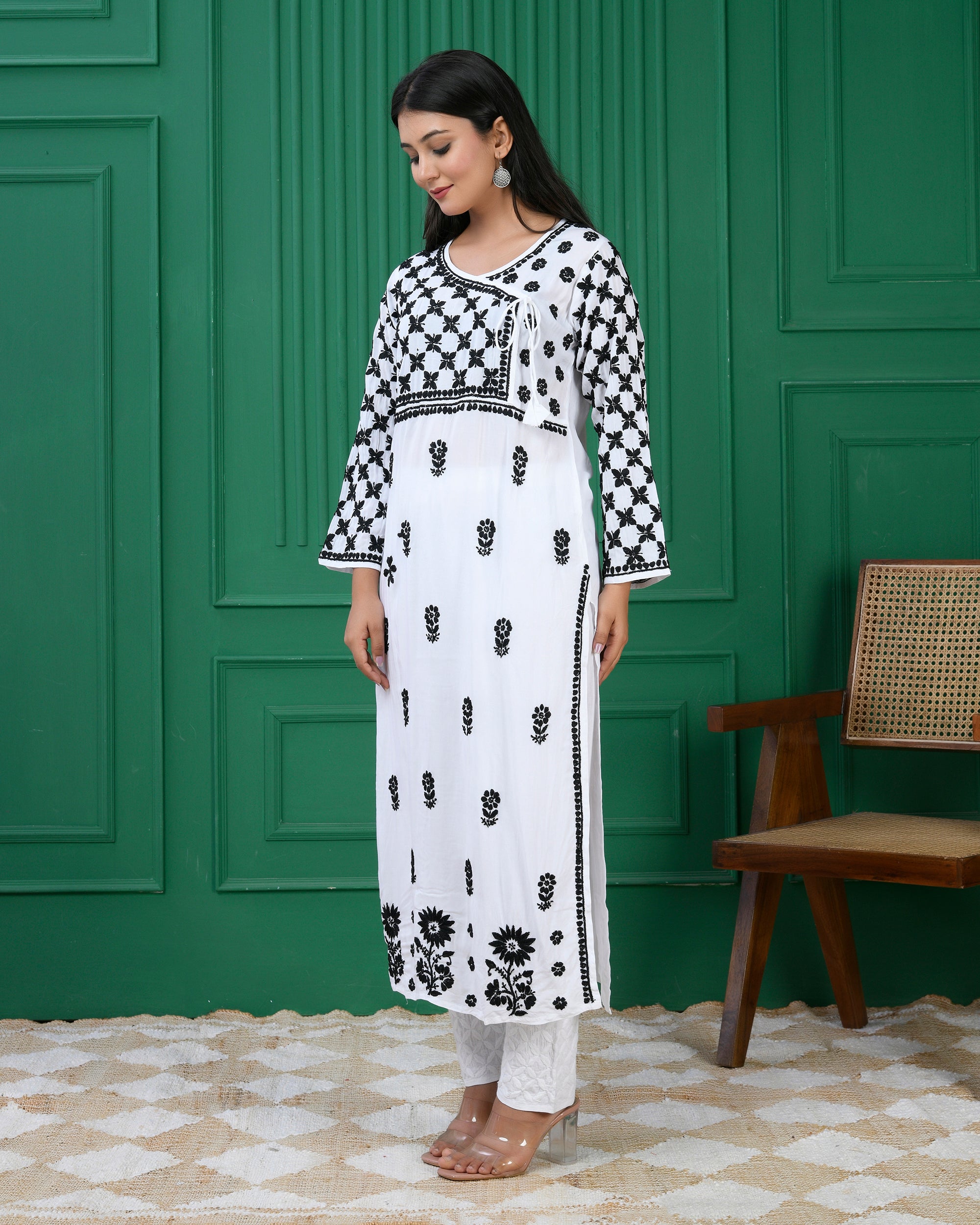 Modal Angrakha Style Kurta in Modal Cotton White With Black