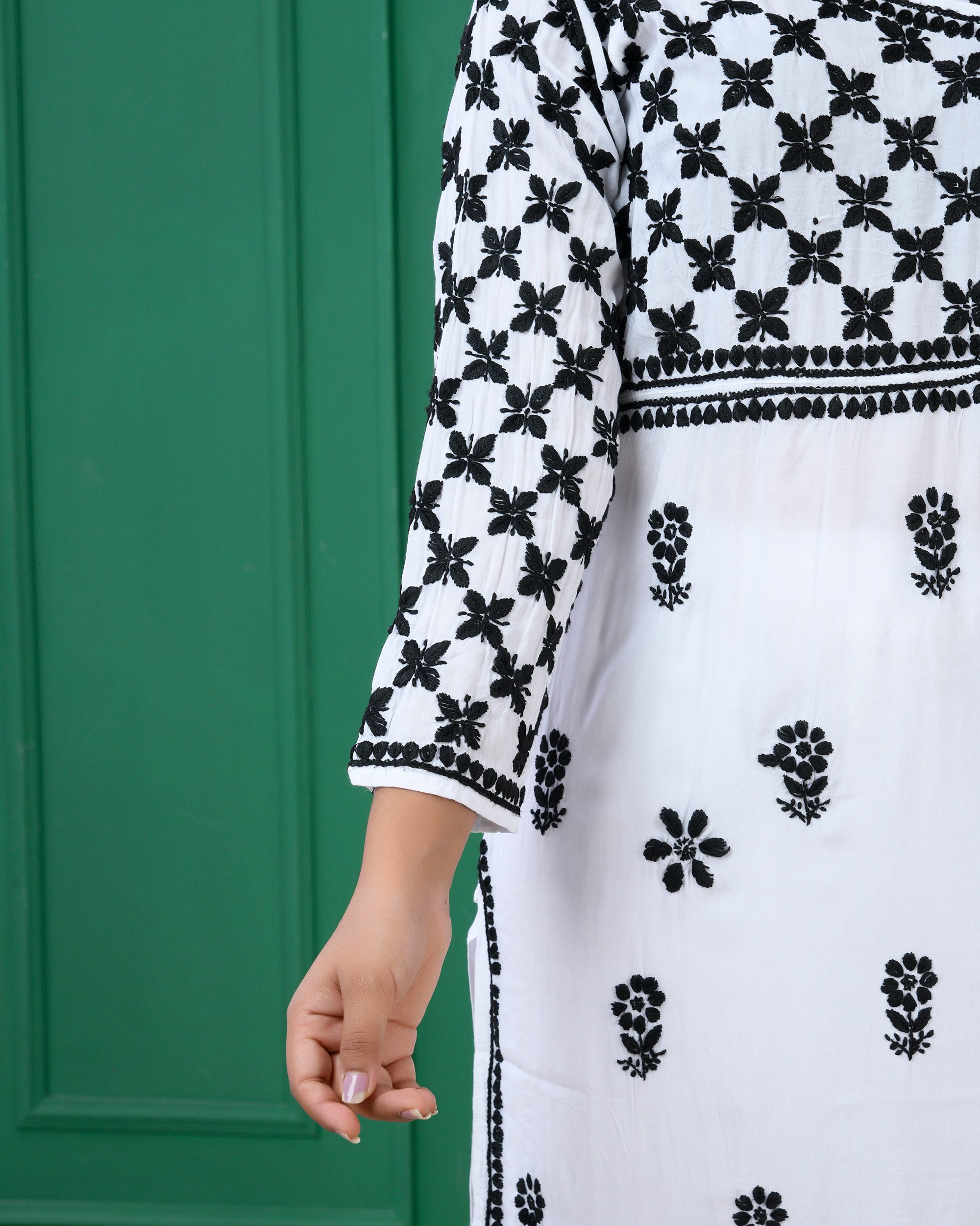 Modal Angrakha Style Kurta in Modal Cotton White With Black