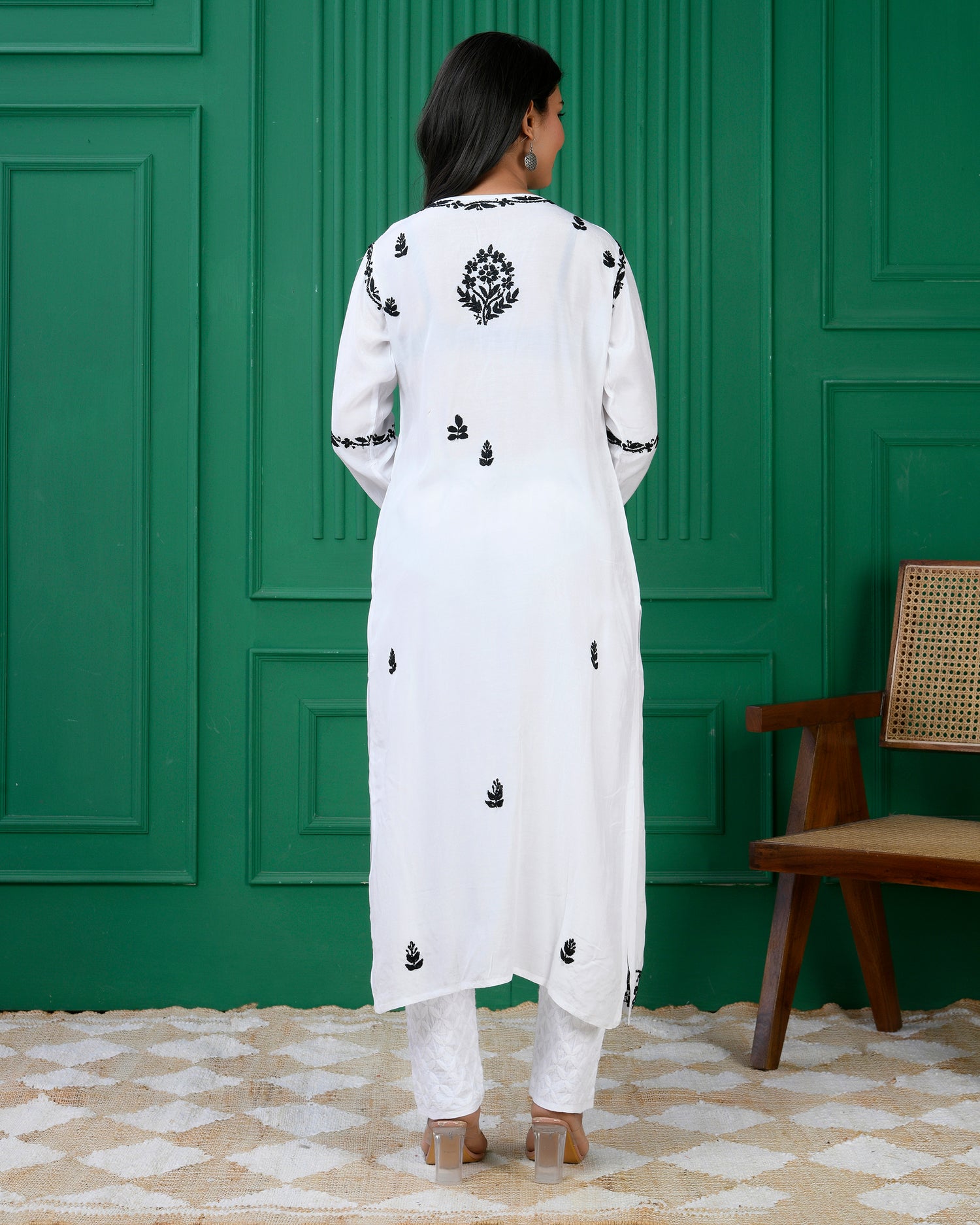 Chikankari Long Kurta in Muslin Silk for Women - White With Black