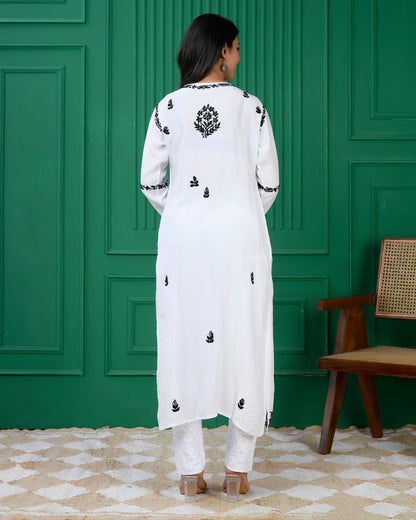 Chikankari Long Kurta in Muslin Silk for Women - White With Black