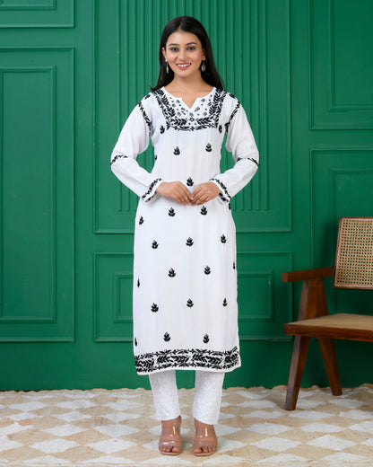 Chikankari Long Kurta in Muslin Silk for Women - White With Black