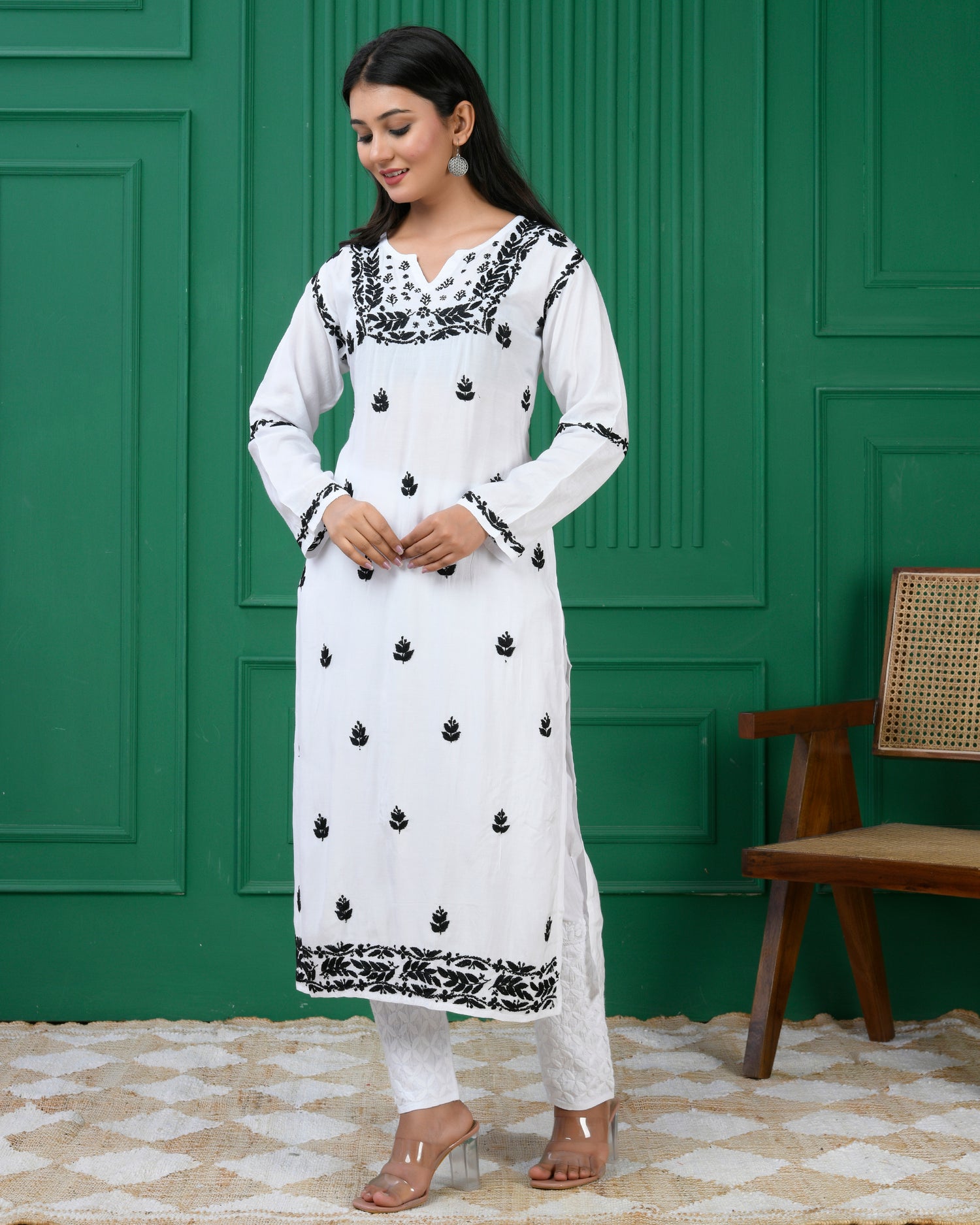 Chikankari Long Kurta in Muslin Silk for Women - White With Black