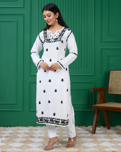 Chikankari Long Kurta in Muslin Silk for Women - White With Black