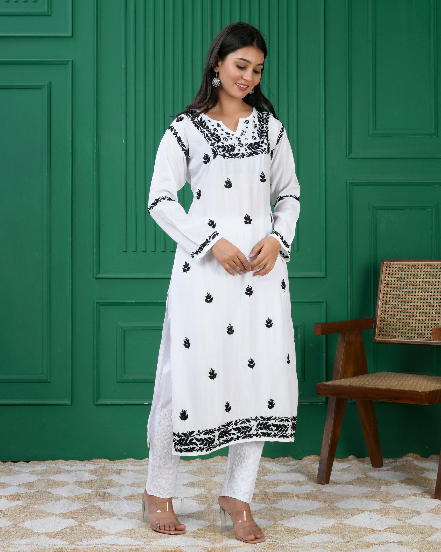 Chikankari Long Kurta in Muslin Silk for Women - White With Black