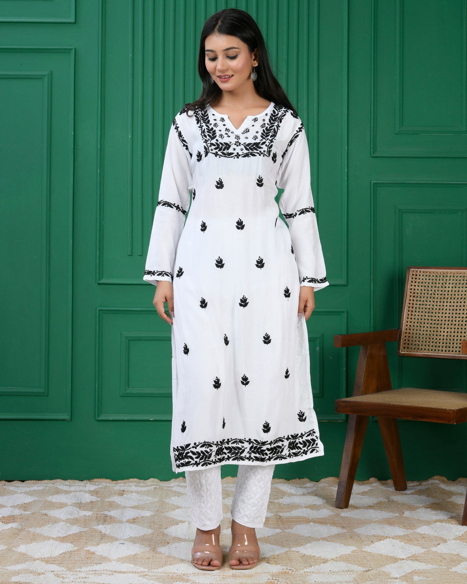 Chikankari Long Kurta in Muslin Silk for Women - White With Black