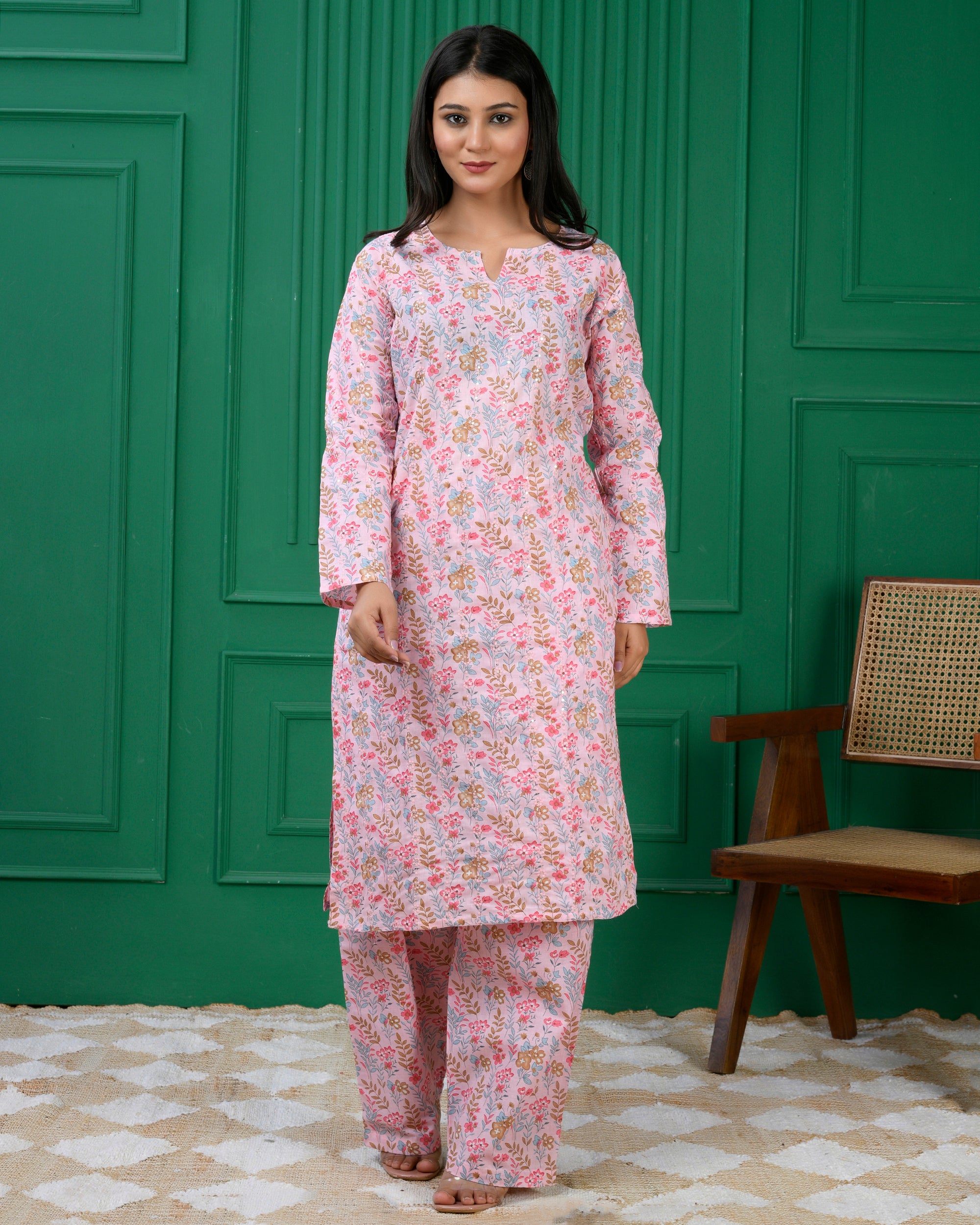 Pure cotton floral print kurti &amp; Plazo set - Dusty Pink