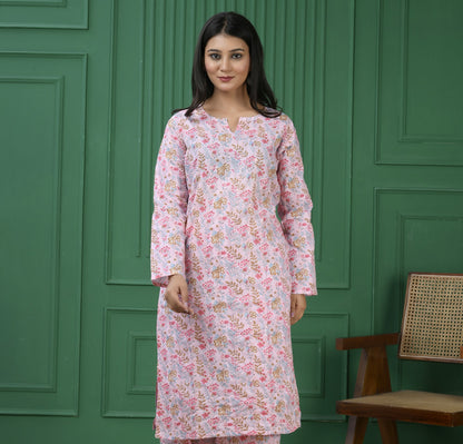 Pure cotton floral print kurti - Dusty Pink