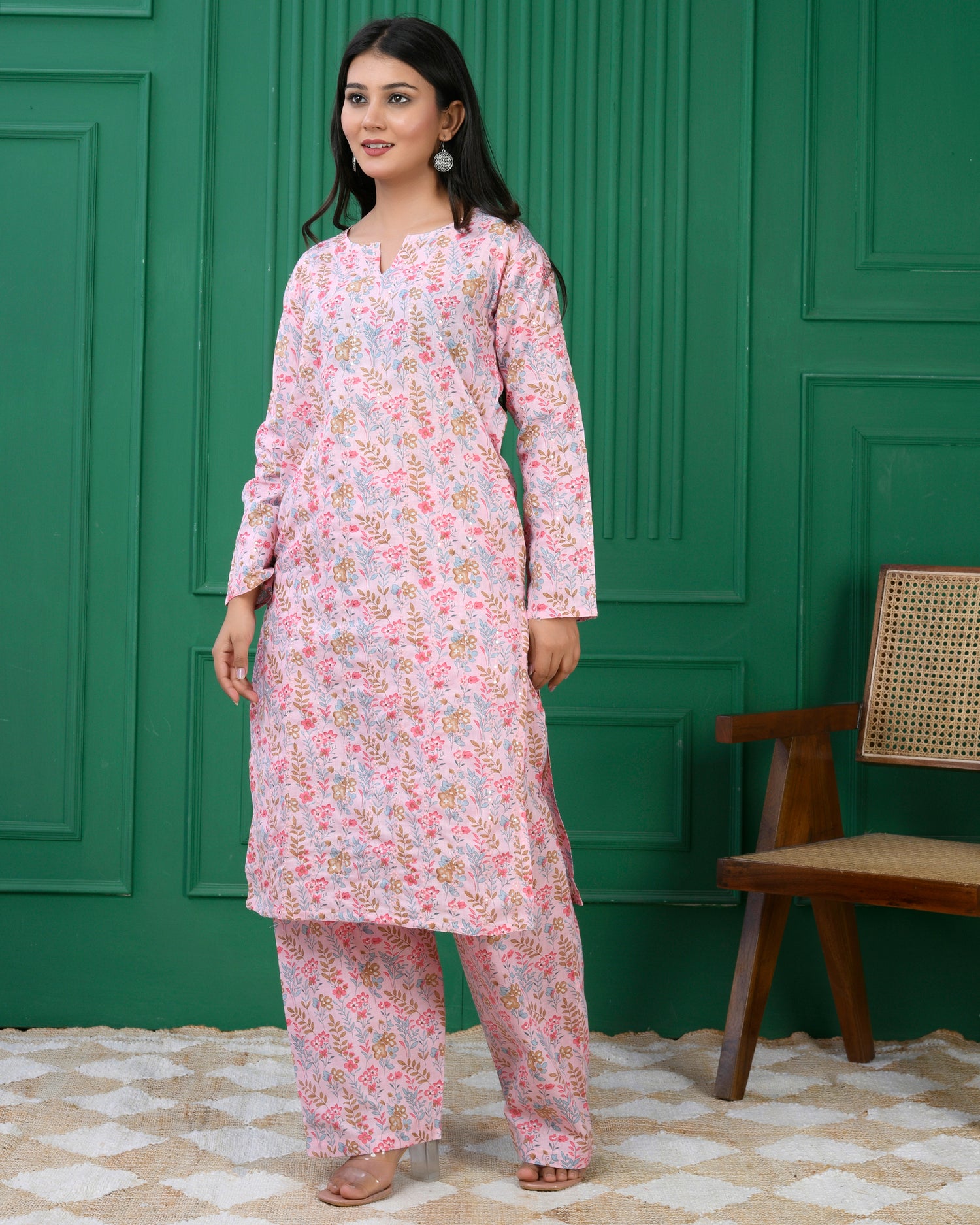 Pure cotton floral print kurti &amp; Plazo set - Dusty Pink