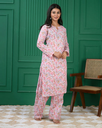 Pure cotton floral print kurti &amp; Plazo set - Dusty Pink