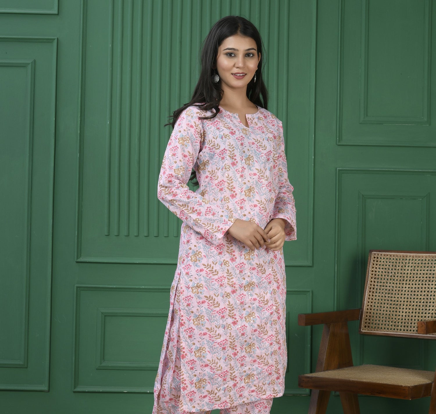 Pure cotton floral print kurti - Dusty Pink