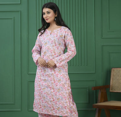 Pure cotton floral print kurti - Dusty Pink