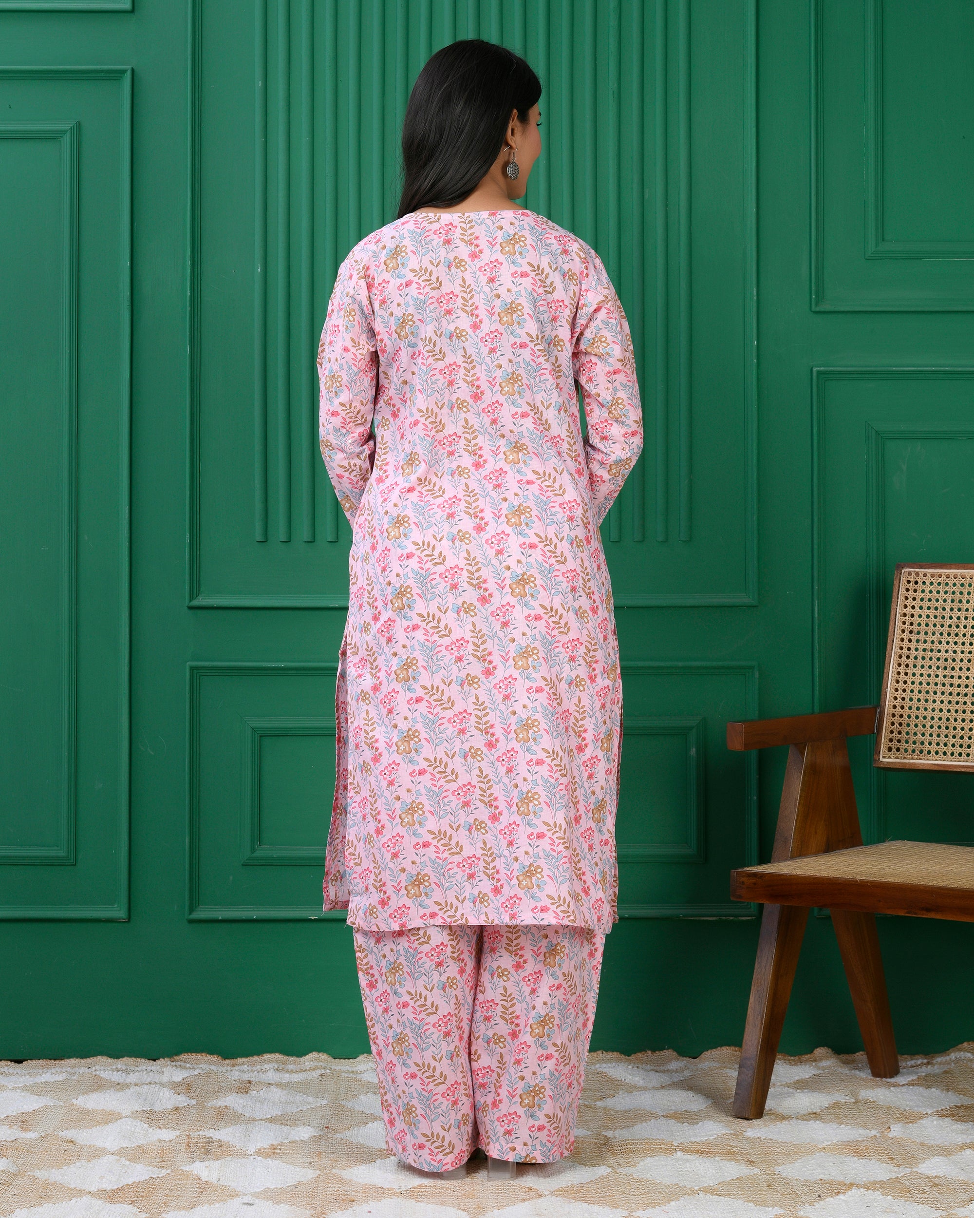 Pure cotton floral print kurti &amp; Plazo set - Dusty Pink