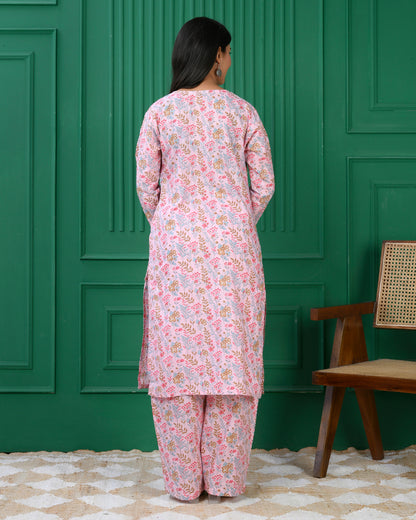 Pure cotton floral print kurti &amp; Plazo set - Dusty Pink