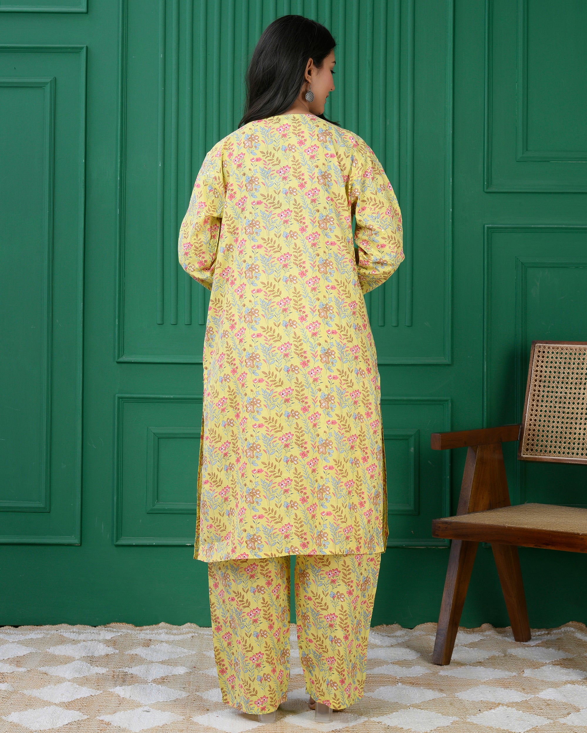 Pure cotton floral print kurti &amp; Plazo set - Lite Yellow