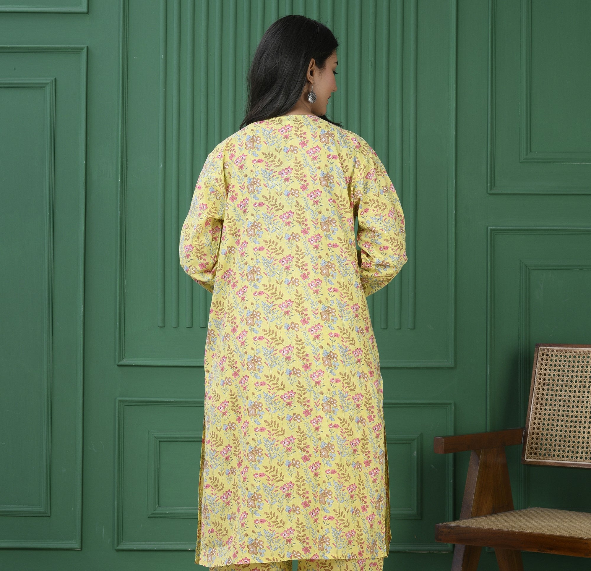 Pure cotton floral print kurti - Lite Yellow