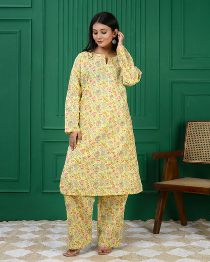 Pure cotton floral print kurti &amp; Plazo set - Lite Yellow