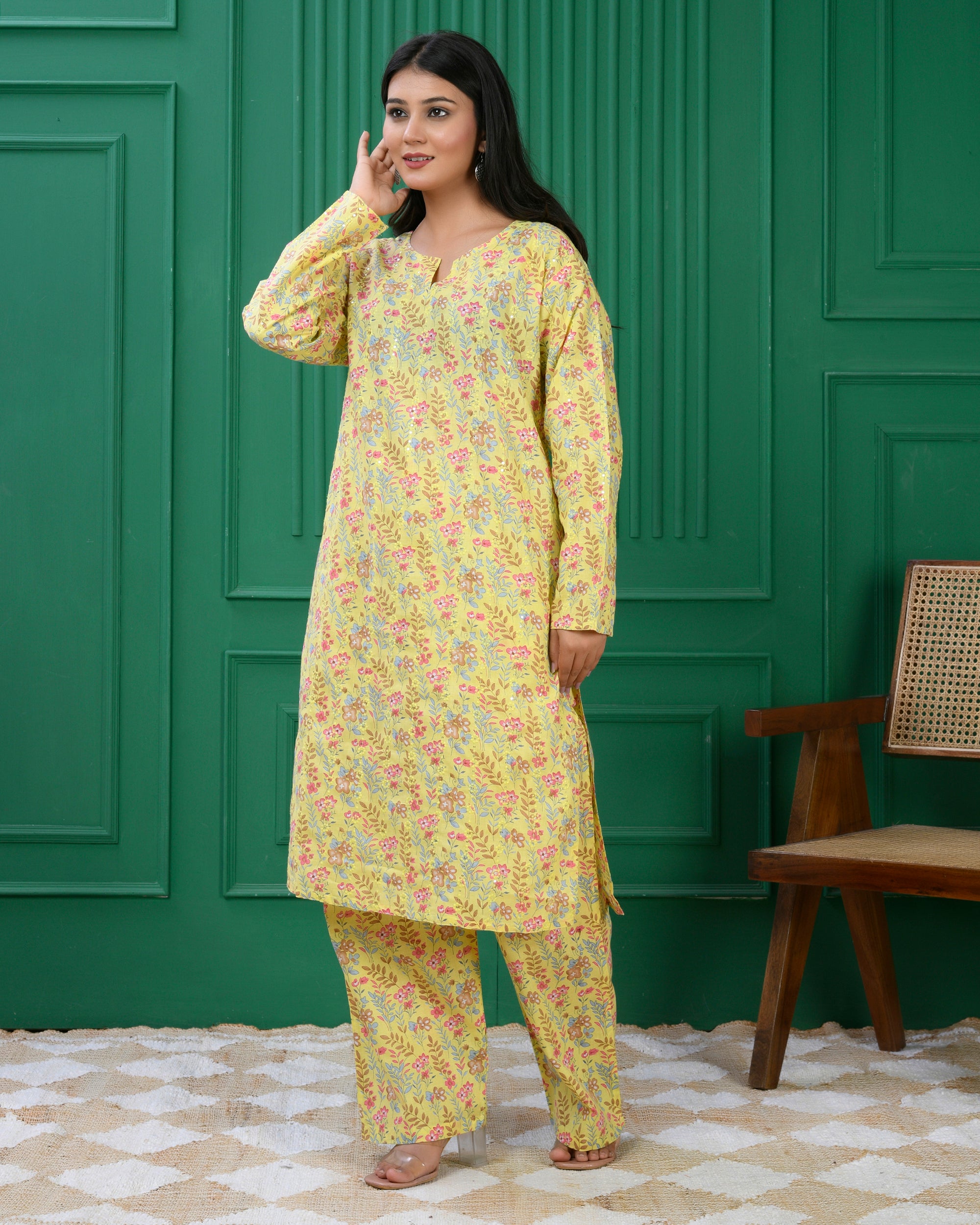 Pure cotton floral print kurti &amp; Plazo set - Lite Yellow