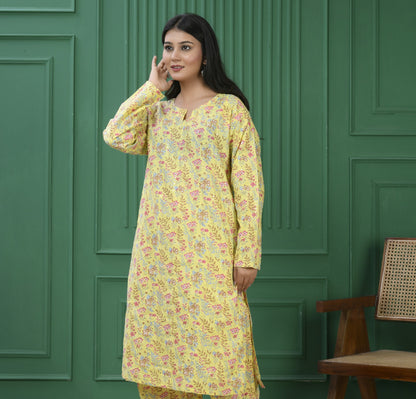 Pure cotton floral print kurti - Lite Yellow