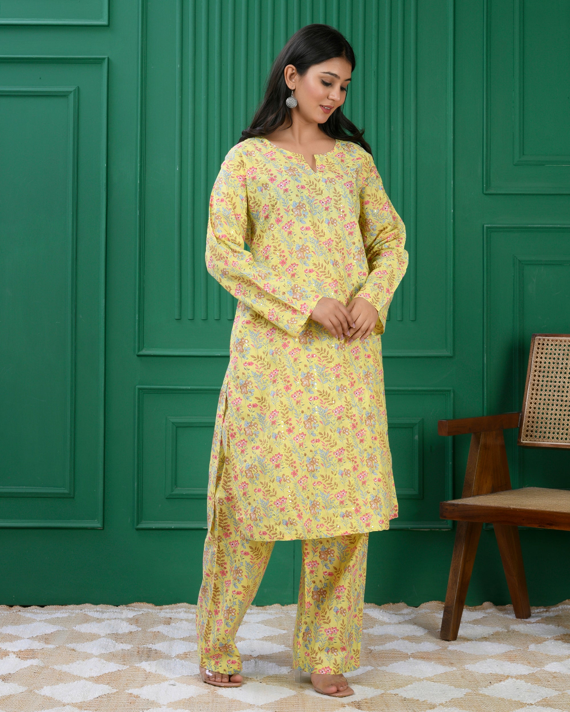 Pure cotton floral print kurti &amp; Plazo set - Lite Yellow