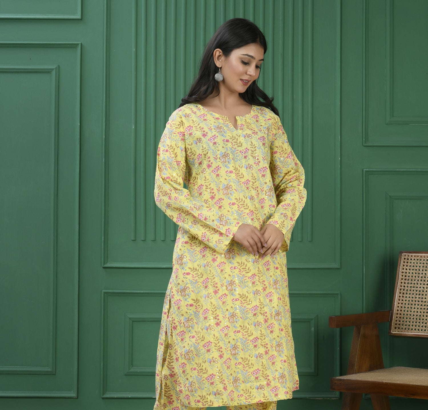 Pure cotton floral print kurti - Lite Yellow