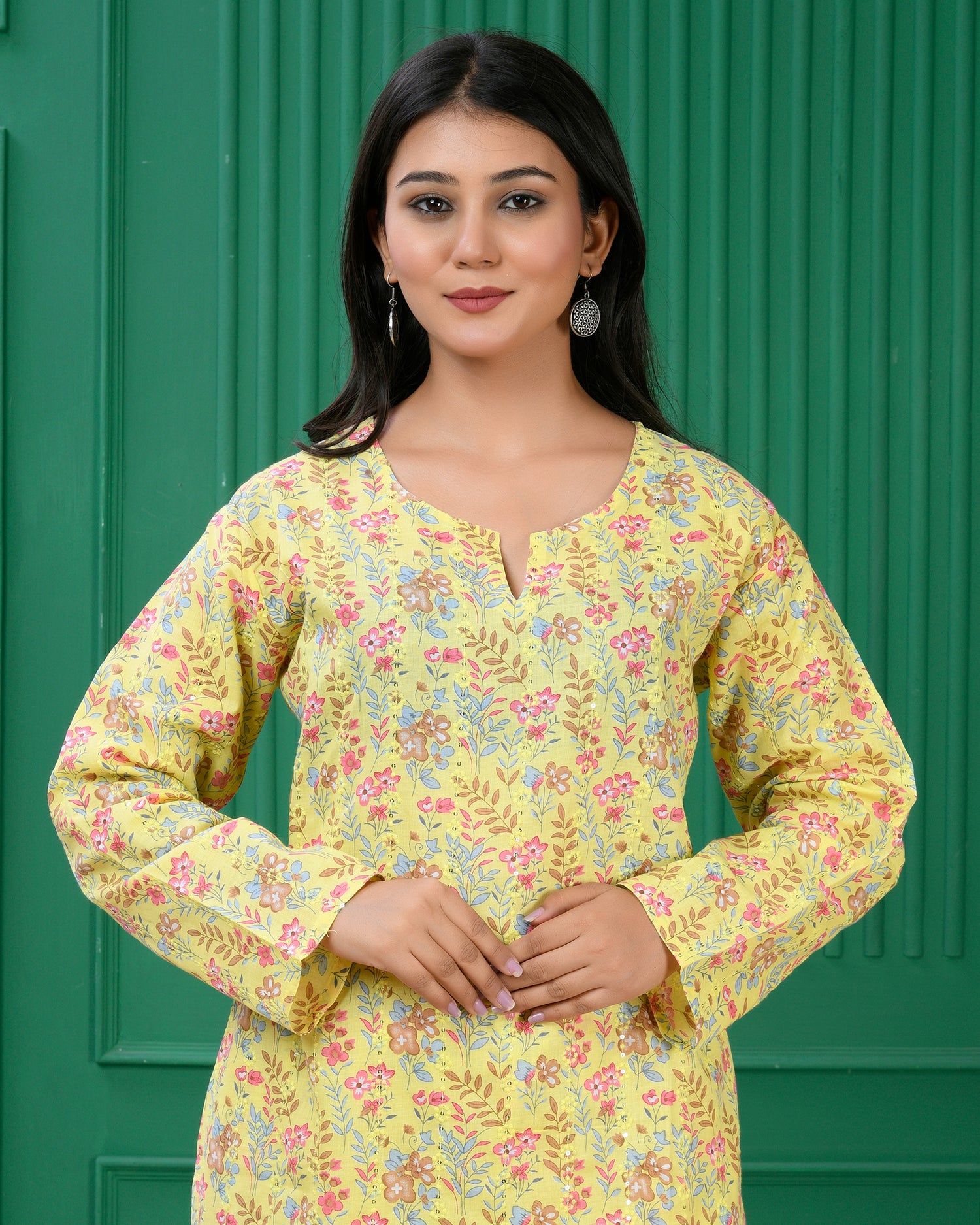 Pure cotton floral print kurti &amp; Plazo set - Lite Yellow