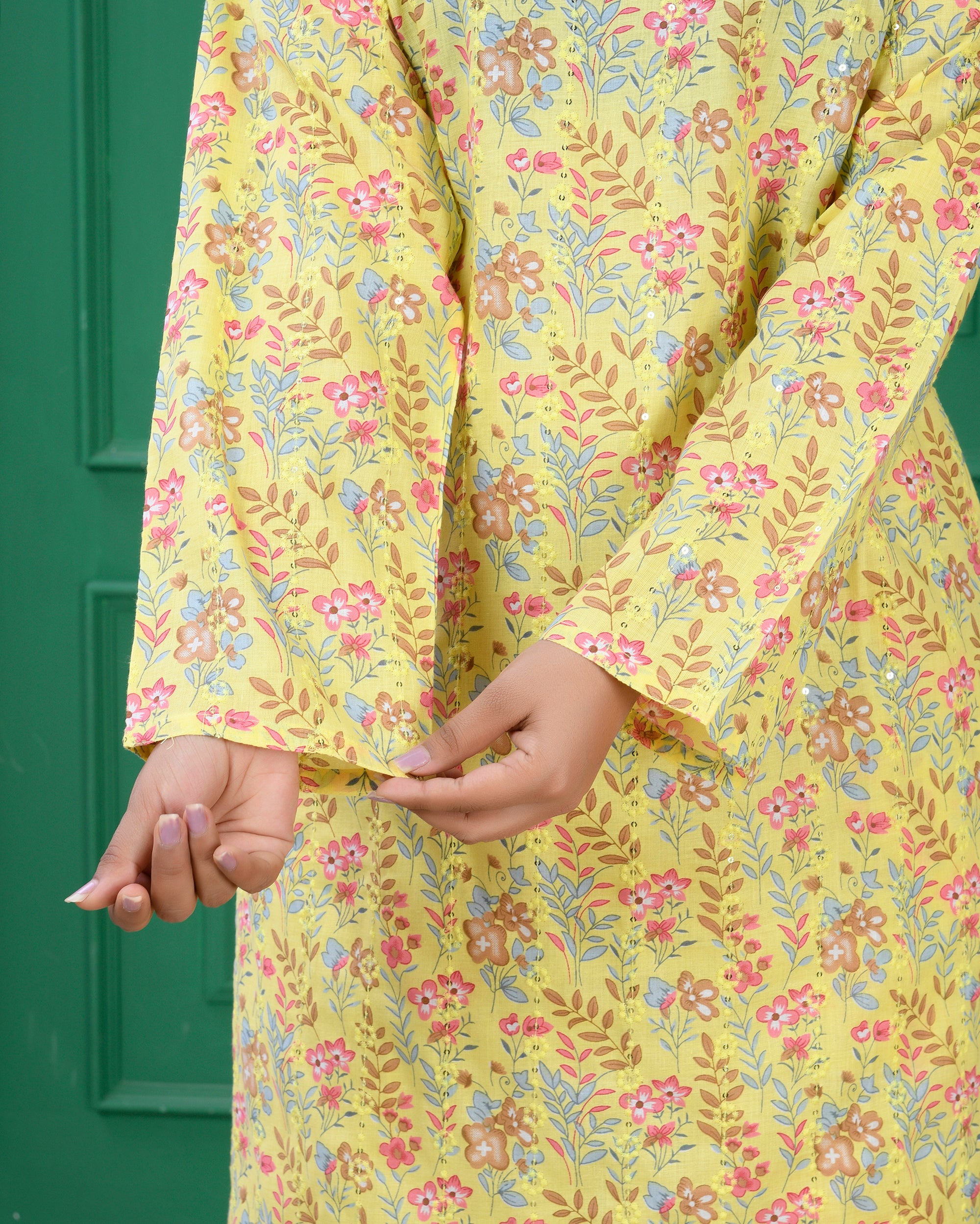 Pure cotton floral print kurti - Lite Yellow