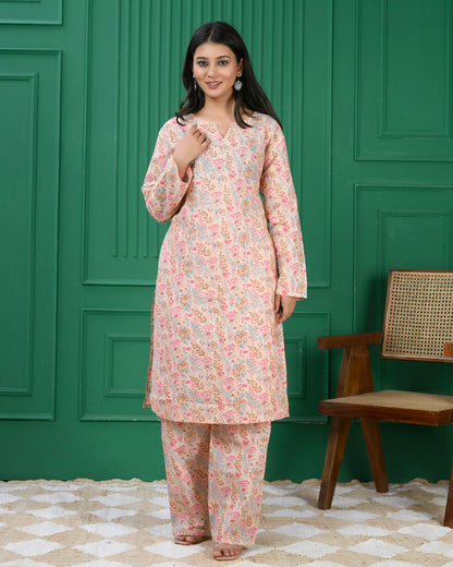 Pure cotton floral print kurti &amp; Plazo set - Baige