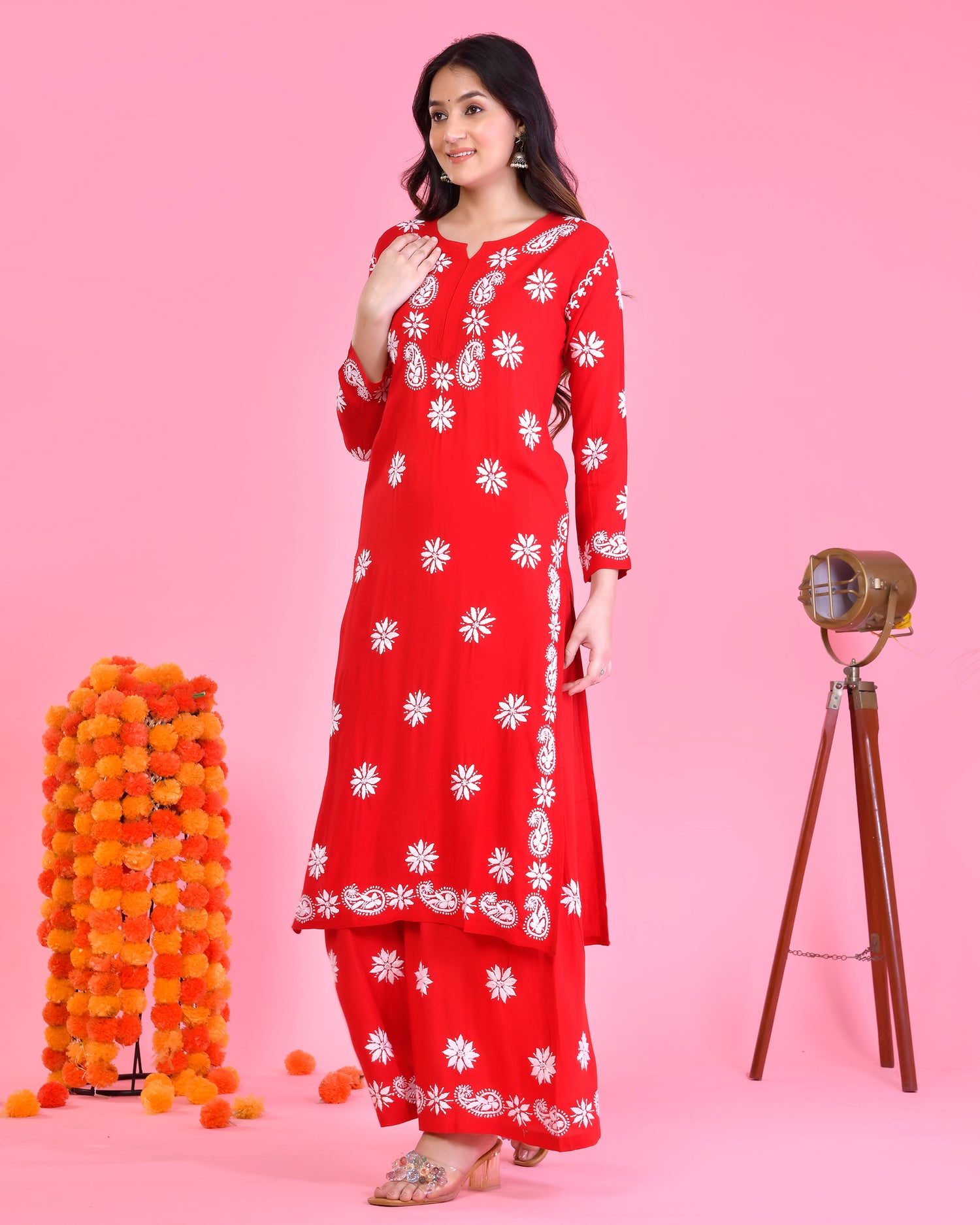 Chikankari CO-ORD Set In Modal Cotton for Women In RED