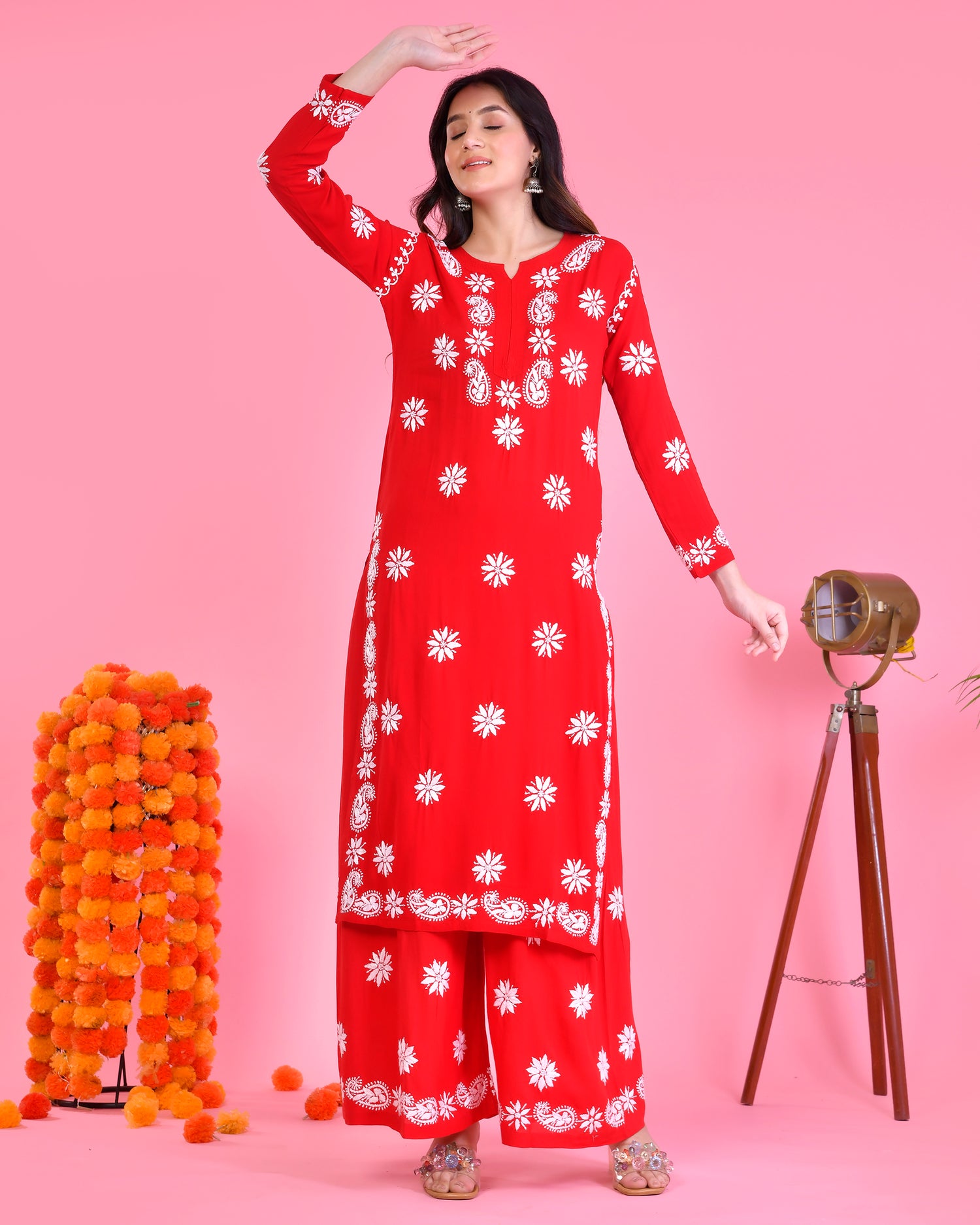 Chikankari CO-ORD Set In Modal Cotton for Women In RED