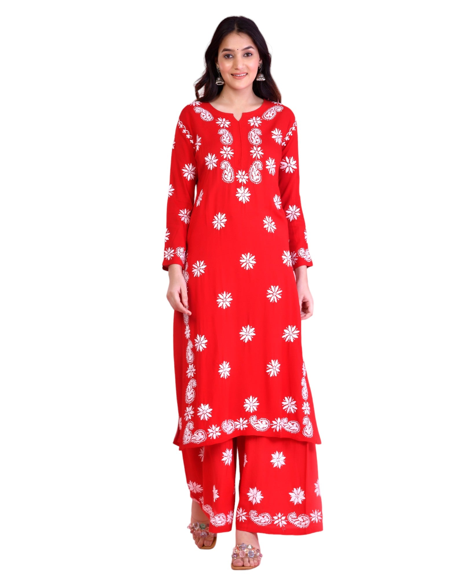 Chikankari CO-ORD Set In Modal Cotton for Women In RED