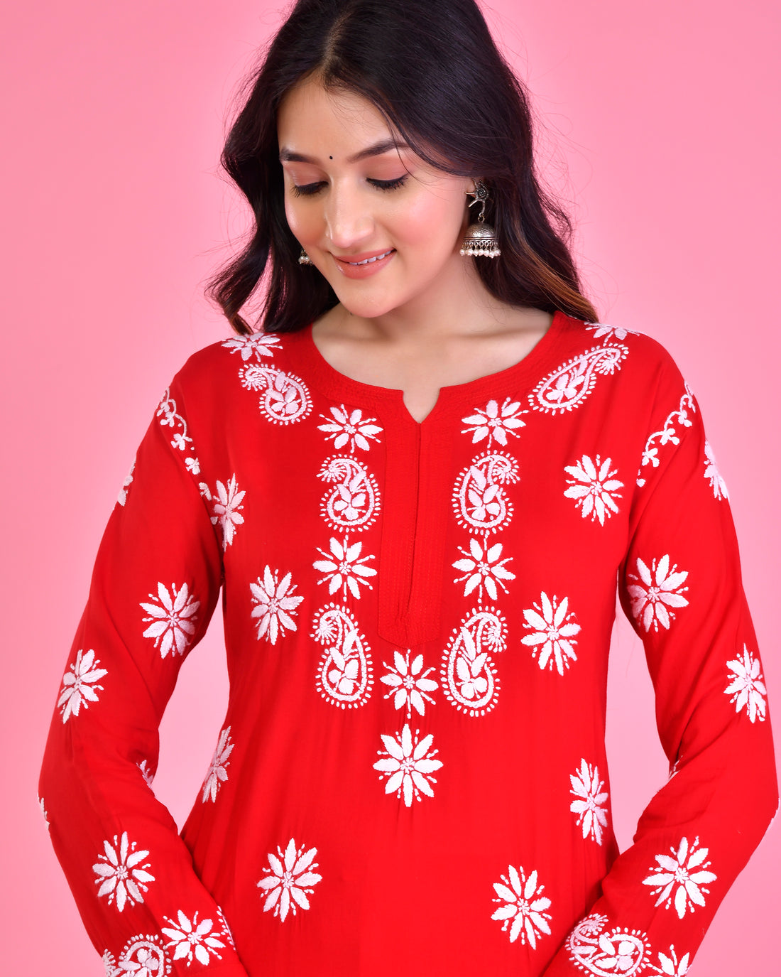 Chikankari CO-ORD Set In Modal Cotton for Women In RED