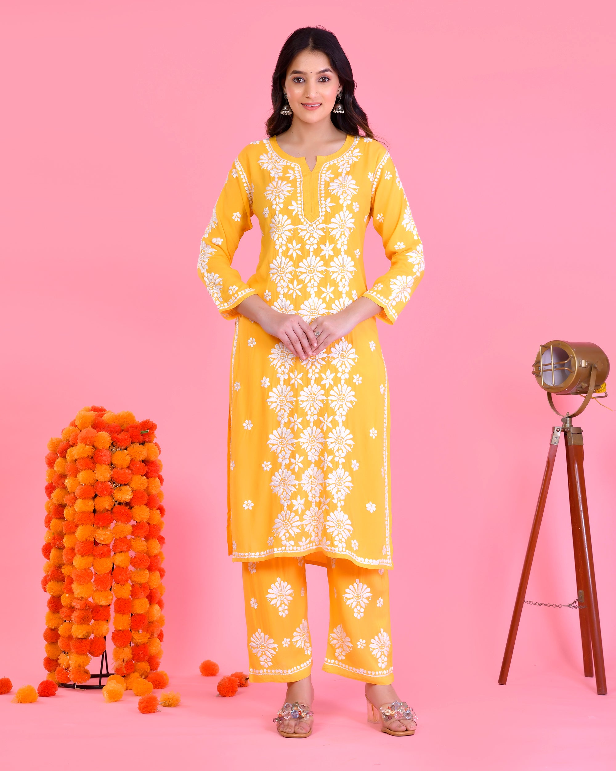 Chikankari Kurta Set In Modal Cotton for Women In Yellow