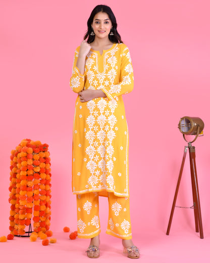 Chikankari Kurta Set In Modal Cotton for Women In Yellow